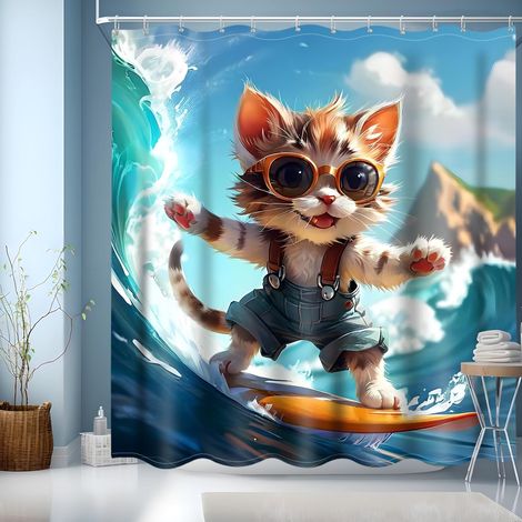 Cortina de ducha de poliéster de 180x200 cm, con dobladillo lastrado, lavable a máquina y con 12 ganchos. (1/5)
