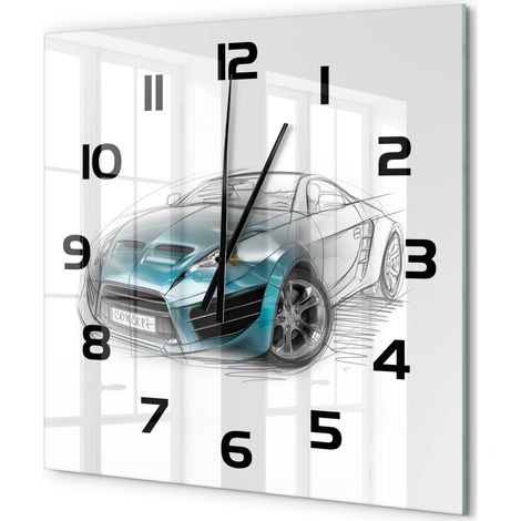Grande Horloge Murale Carrée à Quartz en Verre Trempé Silencieuse Sans Tic-Tac Croquis de voiture 60x60 cm (1/5)