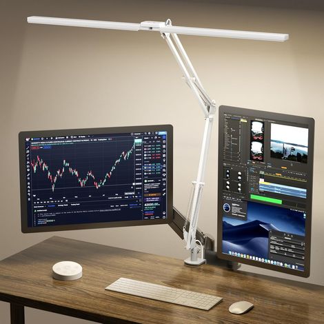 Lampe de Bureau LED, Double Tête et Télécommandée,2400 LM,24W, 5 Modes de Température, Réglage Horaire & Mémorisation, Facile à Installer - Pour Bureau, Lecture -Blanc (1/5)
