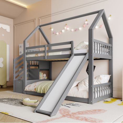 Lit mezzanine 90/200 cm gris avec toboggan et escalier de rangement, style cabane (1/5)