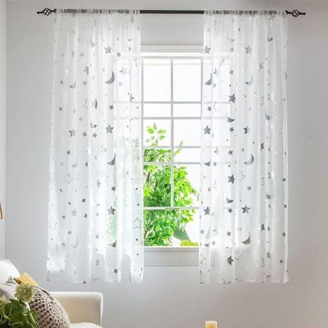 Rideaux de fenêtre semi-transparents de 1 m de long pour chambre de fille, chambre à coucher, joli motif lune et étoiles, rideaux transparents en tulle, 2 panneau, 1 m x 1,3 m (1/2)