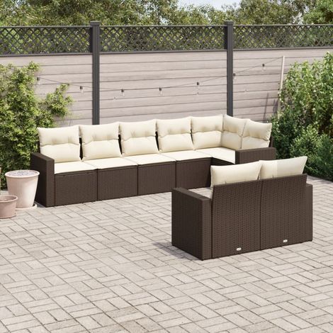 Ensemble Salon de Jardin Modulaire 8 Places en Résine Tressée Marron avec Coussins Crème Canapé d'Angle et Bancs Meuble d'Extérieur Résistant aux UV (1/3)