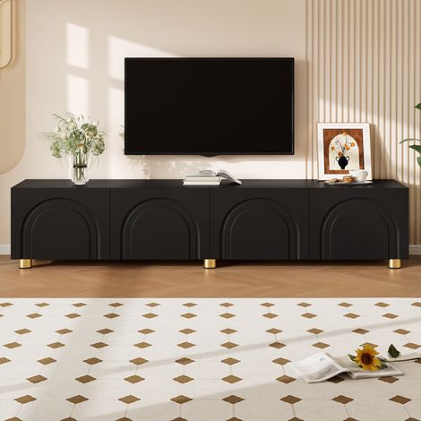 Meuble TV - À 4 portes relief arche - 180x35x40 cm - pieds dorés - Métal - Noir (1/5)