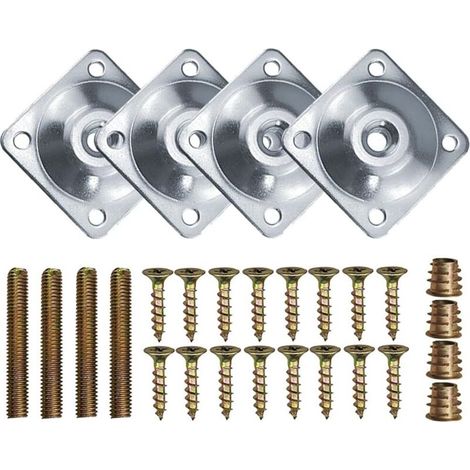 Placas de fijación para patas de muebles – Juego de 4 placas de metal plateado, cuadradas de 48 x 48 mm, con tornillos y pernos incluidos.