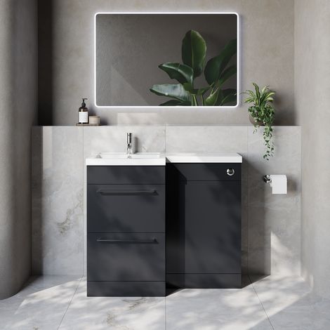 Napoli 390 Gloss Grey 1000mm 2 Drawer Vanity Unit Toilet Suite with Left Hand Square Lucia Basin - 1000mm - Chrome 320mm HandleWithout Kingston Toilet Pan