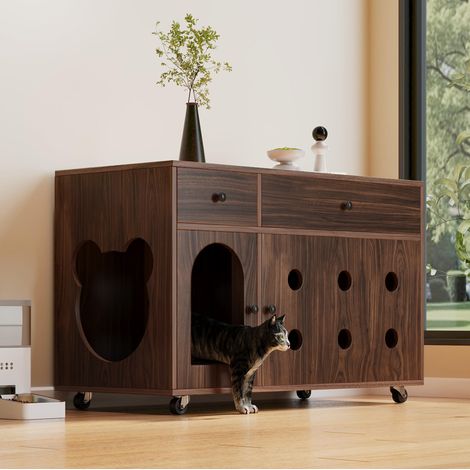 MODFU – Meuble cache-litière pour chat 100x45x66 cm panneaux – 2 tiroirs, plaque amovible et roulettes – Charge 25 kg, porte ventilée – Salon ou balcon – Noyer (1/5)