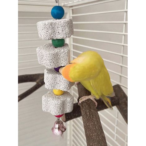 Pierre à calcium pour rognage du bec de perroquet, multicolore, suspendable à la cage avec cloche, jouet à mâcher pour inséparables, perruches, hamsters, lapins, 1 pièce (1/4)