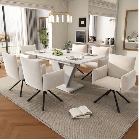 Ensemble table à manger extensible 120/160 x 80 cm, 6 chaises en velours, blanc, REDOM (1/5)