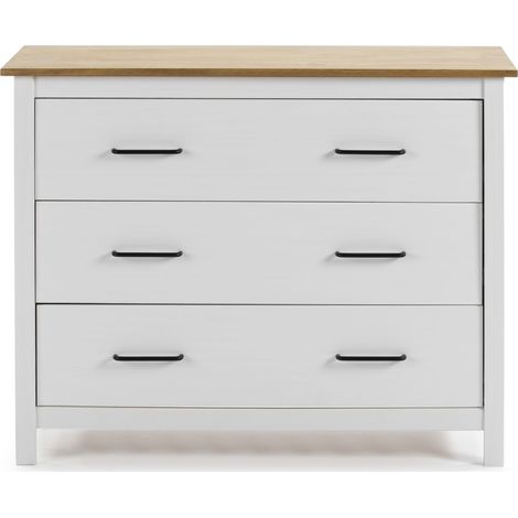 Commode en pin massif décor ciré blanc et chêne, meuble de rangement - Longueur 100 x Profondeur 40 x Hauteur 80 cm -PEGANE- (1/4)