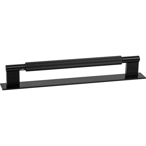 tirador aluminio modelo arpa plate con placa acabados disponibles efecto inox, negro cepillado y laton cepillado acabado negro cepillad dist. agujero dist. 192mm.