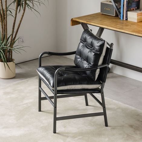 Fauteuil lounge en cuir avec accent, chaise vintage moderne à dossier haut, fauteuil club sur pieds métal noir, siège unique pour salon ou chambre (1/5)