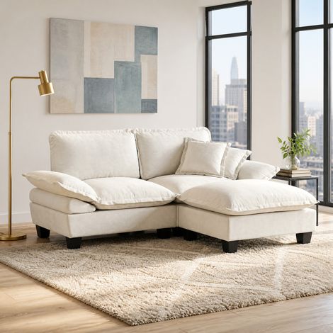 Divano angolare modulare con ottomana mobile, 2 cuscini, 194 x 151 x 90 cm, ciniglia beige DESVIAE (1/5)