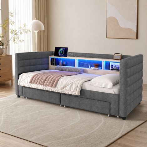 Cama nido 90x190 cm de terciopelo gris con almacenaje para dormitorio, sin colchón FloraGrace (1/5)