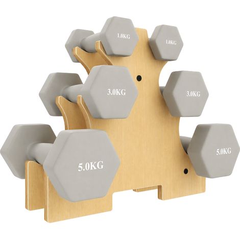 Hanteln Set 3 Paar 1kg 3kg 5kg Kurzhanteln mit Holzständer, rutschfeste Griff, Gusseisen Hexagon Hellgrau (1/5)