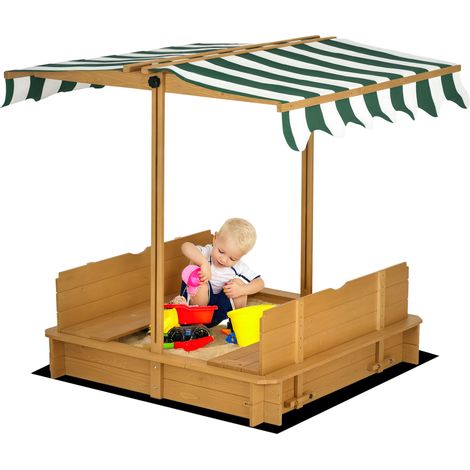 Bac à sable pour enfants avec auvent réglable en hauteur, 2 bancs et dossiers amovibles pour terrasse, 106 x 106 x 115 cm, naturel (1/5)