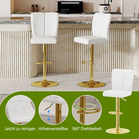 Tabouret de bar réglable en hauteur, lot de 2, pivotant à 360°. Design luxueux blanc et or, revêtement en simili-cuir imperméable, idéal pour îlot de cuisine. Disponible en plusieurs coloris. (1/5)