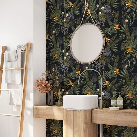 Crédence adhésive salle de bain - Feuilles tropicales - 90x90 cm - Adhésif + Protection MATE (1/4)
