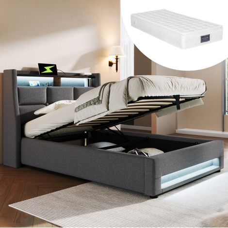 Cama juvenil tapizada con LED USB y almacenaje gris OKMYHOME (1/5)