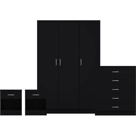 Riano 4 Piece Bedroom Set (1 Drawer Bedside Chest, 5 Drawer Chest, 3 Door Wardrobe), Black (1/3)