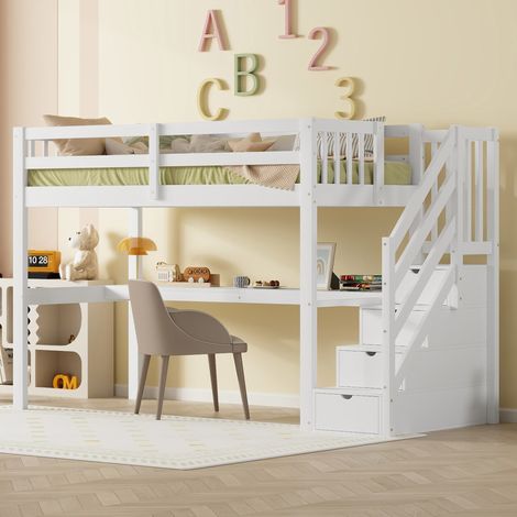 Lit mezzanine enfant moderne en pin blanc 90x200 cm avec bureau sous le lit et rangements intégrés (1/5)