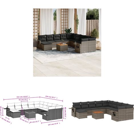Salon de jardin avec coussins 12 pcs gris résine tressée - Ensemble Salon De Jardin - Meubles De Jardin - Salon Extérieur - Set De Jardin - Chaise Lounge - Home & Living (1/3)