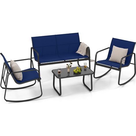 COSTWAY Set da Giardino 4 Pezzi in Tessuto Textilene, Set da Bistrò da Patio, Set tavolo e sedie con Tavolino in Vetro, 2 Sedie e Divanetto a Dondolo, per Giardino Coltile (Blu) (1/5)