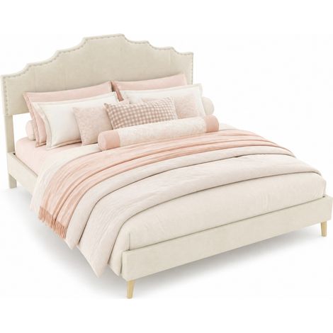 Lit double 160x200 cm beige, tête de lit géométrique capitonnée, structure stable en tissu et métal, style moderne pour chambre élégante  CHICFURN (1/5)