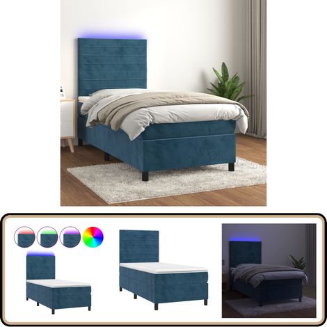Sommier à lattes de lit avec matelas LED Bleu foncé 100x200 cm - Lit Plateforme - Lit Capitonné - Lit Design - Lit Moderne - Lit Velours