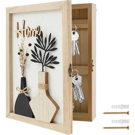 Key Cabinet Wooden Key Box with 6 Key Hooks Dried Flowers Key Storage Vintage Wall for Entryway, Living Room, Bathroom and Hallway (1/5)