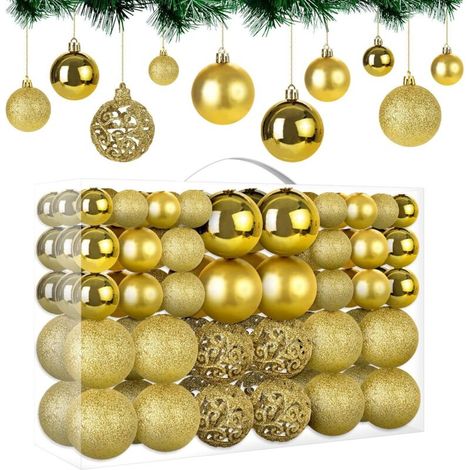 Goldene Weihnachtskugeln, 100 Stück in 10 verschiedenen Ausführungen, bruchsicherer Kunststoff-Weihnachtsbaumschmuck, wiederverwendbar