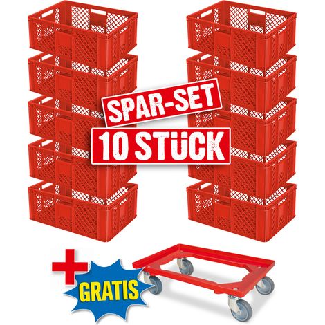 BRB Lot de 10 bacs Euro - 600 x 400 x 240 mm (L x l x H) - Qualité industrielle - Convient à un usage alimentaire + 1 chariot de transport - Rouge (1/2)