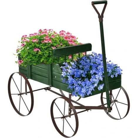 Carrello portafiori con contenitori in metallo all'esterno del portavasi verde (1/5)