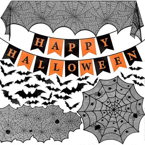 Halloween-Dekorationsset für drinnen, Halloween-Banner, Kaminsims-Schal und 16 3D-Fledermaus-Aufkleber (1/5)