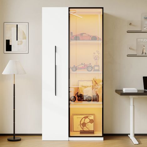 Armoire multifonction 160 cm haute bibliothèque vitrine portes verre trempé cadre aluminium,1 porte 1 tiroir latéral roulettes et LED intégrée.