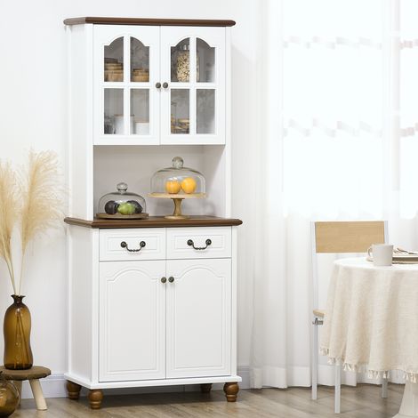 Meuble de cuisine HOMCOM 2 tiroirs armoire haute compartiment ouvert vitrine fermeture amortie blanc 76x38x182 cm