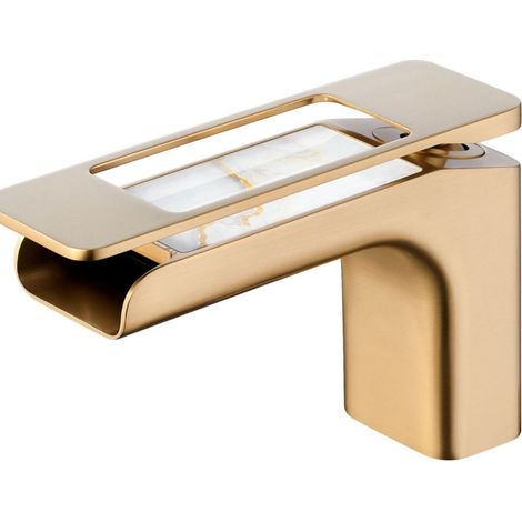 Robinet de Lavabo Cascade - Robinet Monobloc Mixte en Laiton avec Effet Chute d'Eau - Finition Dorée Brossée pour Salle de Bain et Cabinet de Toilette-Alovez (1/5)
