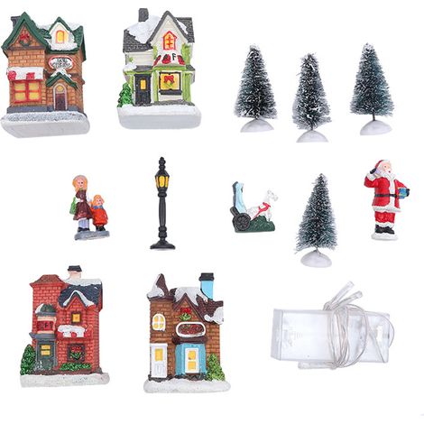 Ensemble de village de Noël en résine, scène de Noël, maisons miniatures illuminées par LED, cadeau (1/5)