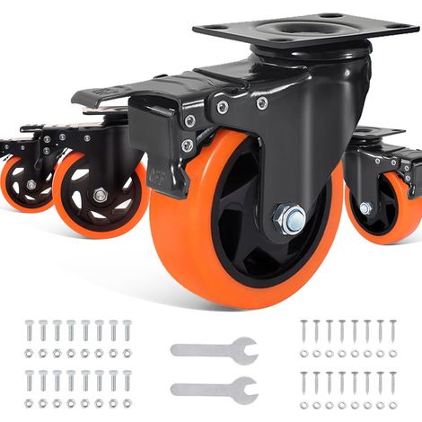 Lot de 4 roulettes pivotantes pour charges lourdes - 100 mm - Avec freins - Jusqu'à 600 kg - Accessoires de montage inclus - Pour l'intérieur et l'extérieur - Roulettes de transport (1/5)