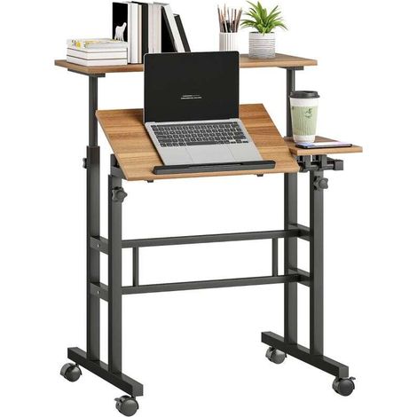 Bureau assis debout réglable 70 x 60 cm avec roulettes et plateau inclinable en métal marron pour un bureau moderne ergonomique (1/5)