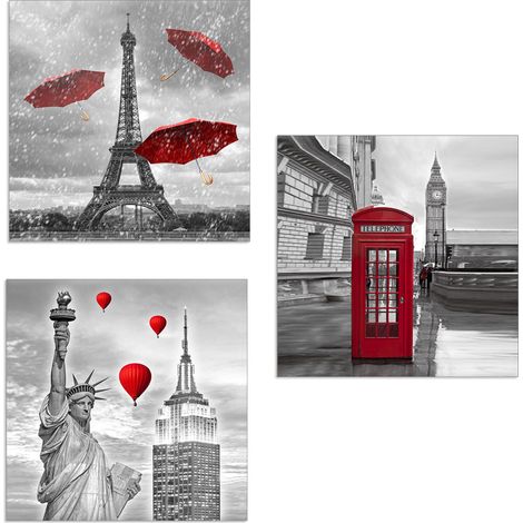 Lupia - Set 3 Quadri su Tela CITY RED con Capitali in tonalità del Rosso, 57x57 cm, per Soggiorno, Camera da Letto, Cucina, Ufficio, Telaio in Legno Ecologico, Pronto da Appendere, Made in Italy (1/4)