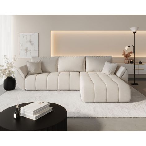 Ecksofa Schlafsofa MISATO Stoff Wind Beige Ottomane Rechts