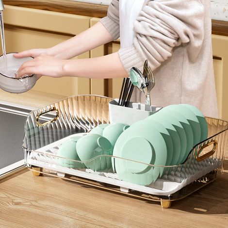 Égouttoir à vaisselle de cuisine, étagère d'évier, égouttoir de comptoir, boîte de rangement pour vaisselle et assiettes, blanc translucide (1/5)