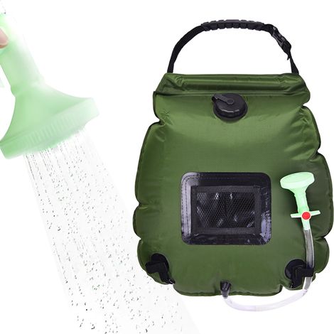 Bolsa de ducha solar portátil de 20 litros: calentador de agua UV con manguera de 50 cm y cabezal de ducha, ligero (430 g), plegable para camping y senderismo. (1/4)