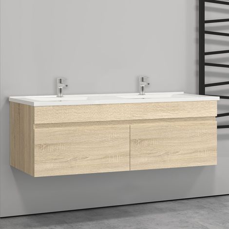 Aica Ensemble meuble Salle de Bain suspendu Chêne avec 2 portes + double vasque en céramique, L x W x H:120x45x40cm