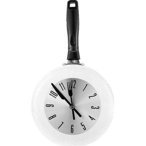 Horloge Murale en Métal 20 Cm Forme Poêle à Frire Blanche, Décoration Vintage Silencieuse sans Pile pour Salon Cuisine, Horloge Suspendue Décorative Quartz (1/5)