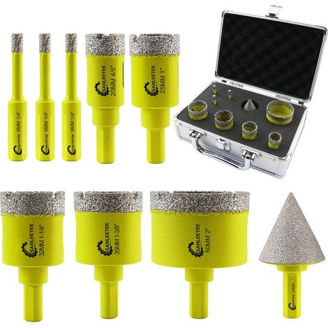 Foret Diamant Kit Trepan Carrelage - 9pcs (6/6/6/20/25/32/35/50mm+35mm Mèches de Chanfrein) Scie Cloche avec Tige Triangulaire pour Carrelage Céramique Porcelaine Marbre Granit (1/5)