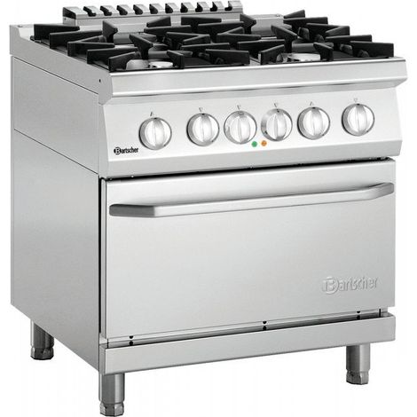 Fourneau inox à gaz 4 feux, sur four électrique 3 x GN 2/1, 29 400 W, 400 V, GAZ
