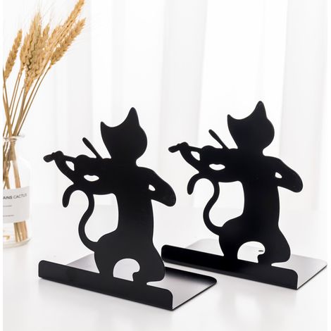 Serre-livres en métal, motif chat violon, serre-livres modernes, antidérapants et robustes, pour étagères, décoration intérieure (maison, bureau, école), noir (1 paire/2). (1/5)
