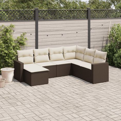 7-tlg. Garten-Sofagarnitur mit Kissen Braun Poly Rattan (1/3)