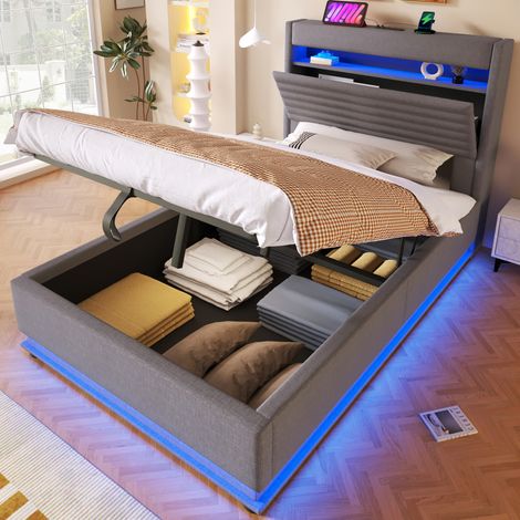 Letto imbottito con contenitore 90x200 cm grigio con LED, USB e ricarica Tipo C (1/5)